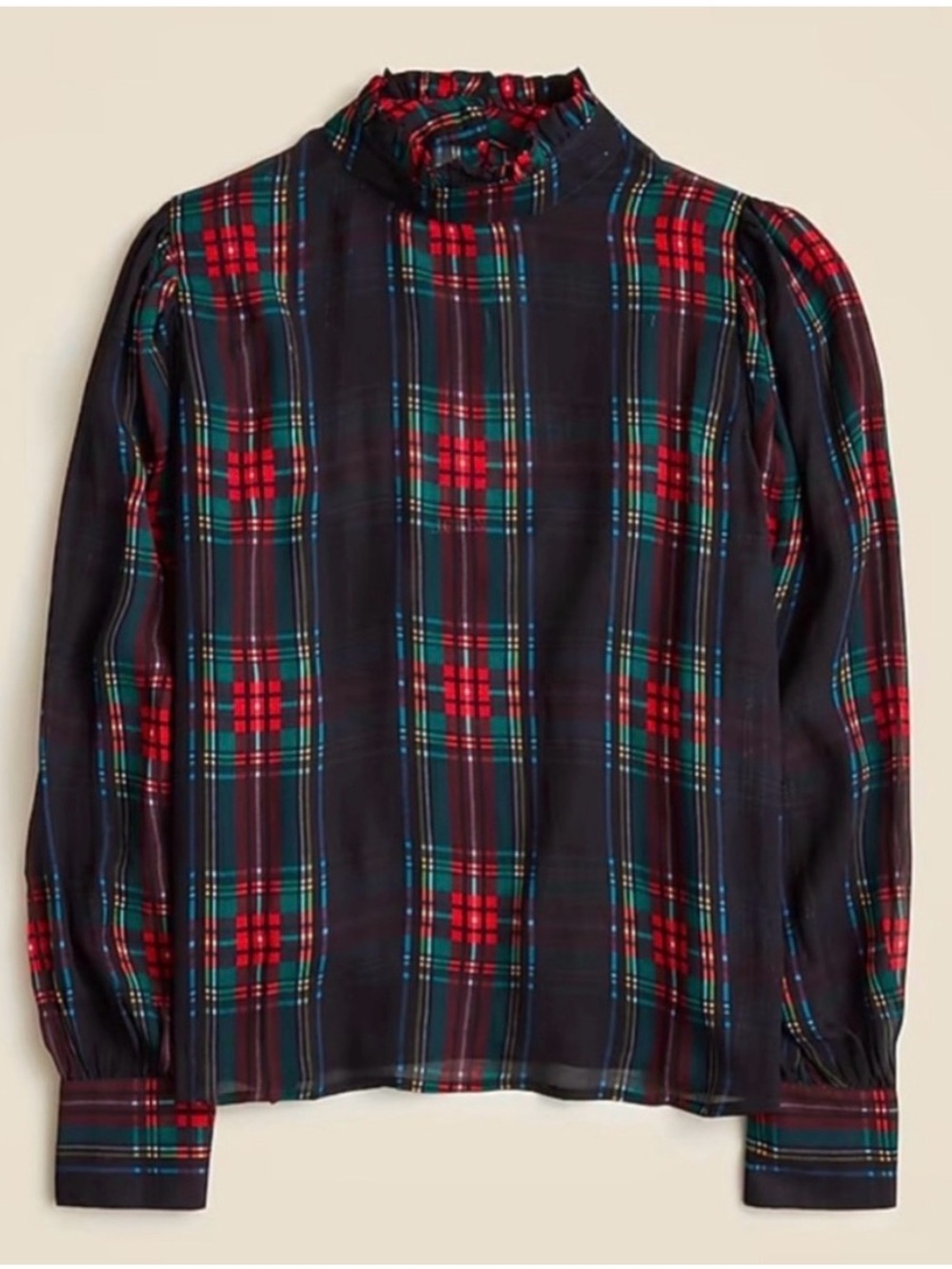 J.Crew Ruffleneck Top Stewart Tartan Chiffon XS Plaid Holiday Red Green Sheer
